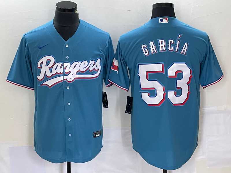 Men's Texas Rangers #53 Adolis Garcia Light Blue With Patch Cool Base Stitched Baseball Jersey,We sell and wholesale Men's Texas Rangers #53 Adolis Garcia Light Blue With Patch Cool Base Stitched Baseball Jersey on line form chian!